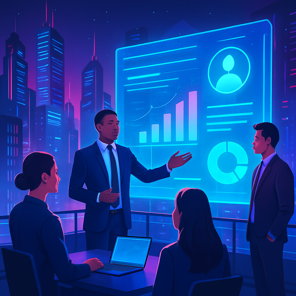 create a simillar imagine to the one setIn a vibrant futuristic cityscape a diverse team of strategists gathers on a sleek rooftop overlooking a neonl-1